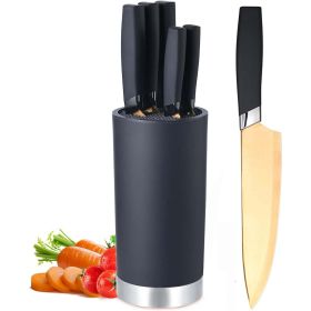 Kitchen Knife Set, 6 Pieces Sharp Stainless Steel Chef Knife Set with Cylindrical Block, Ergonomic Black Handle Knife with Gold Blades